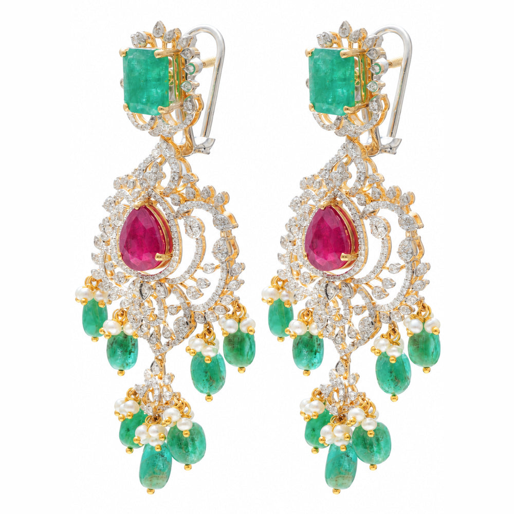 Diamond Necklace Set with Emeralds, Rubies and Layered Pearls With Earring (Copy)
