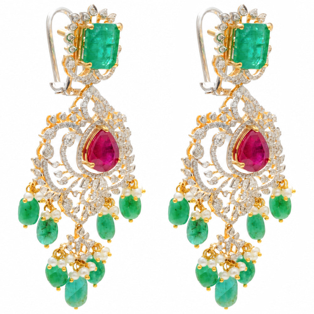 Diamond Necklace Set with Emeralds, Rubies and Layered Pearls With Earring (Copy)