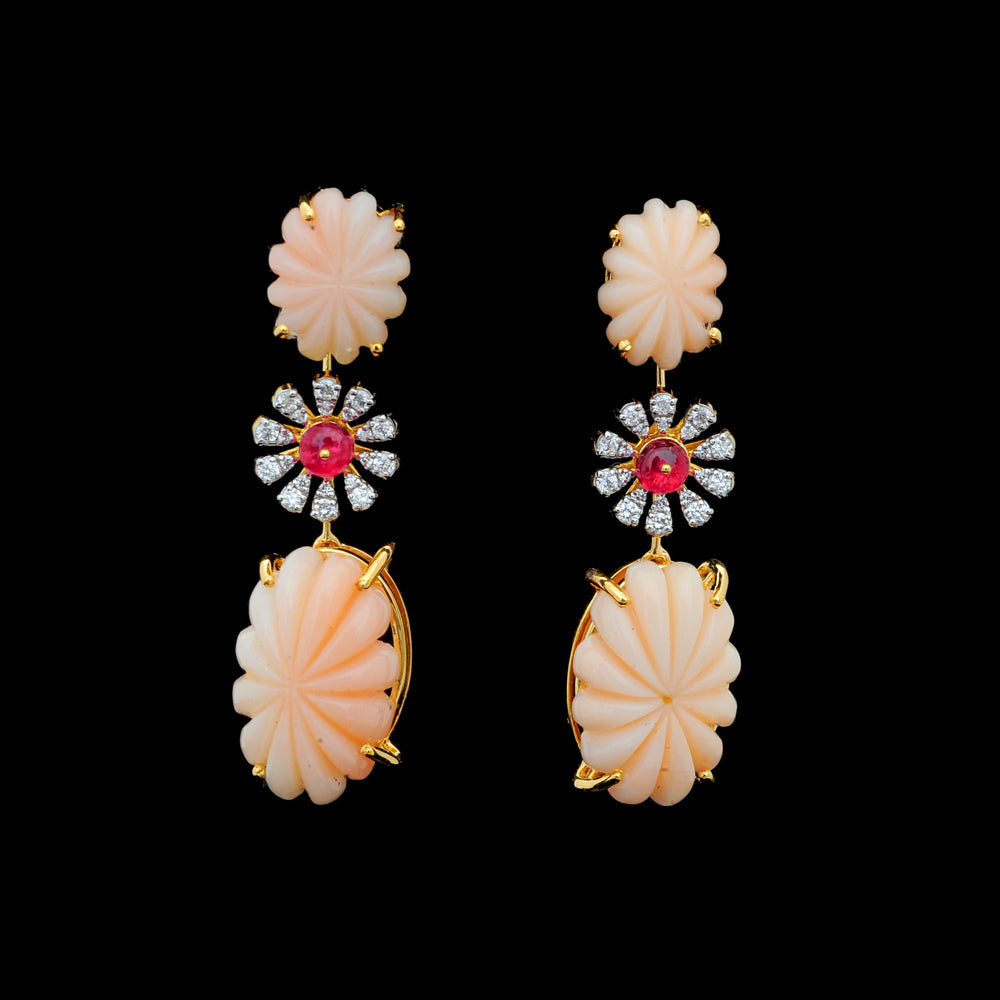 Diamond Necklace Set with Carved Coral and Spinel Floral Detailing