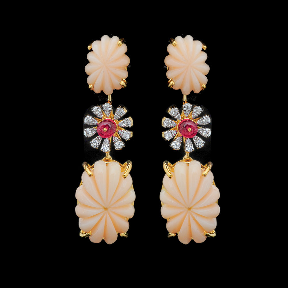 Diamond Necklace Set with Carved Coral and Spinel Floral Detailing
