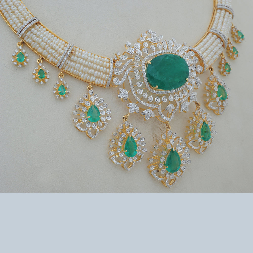 Diamond Necklace Set with Emeralds and Layered Pearls With Earring
