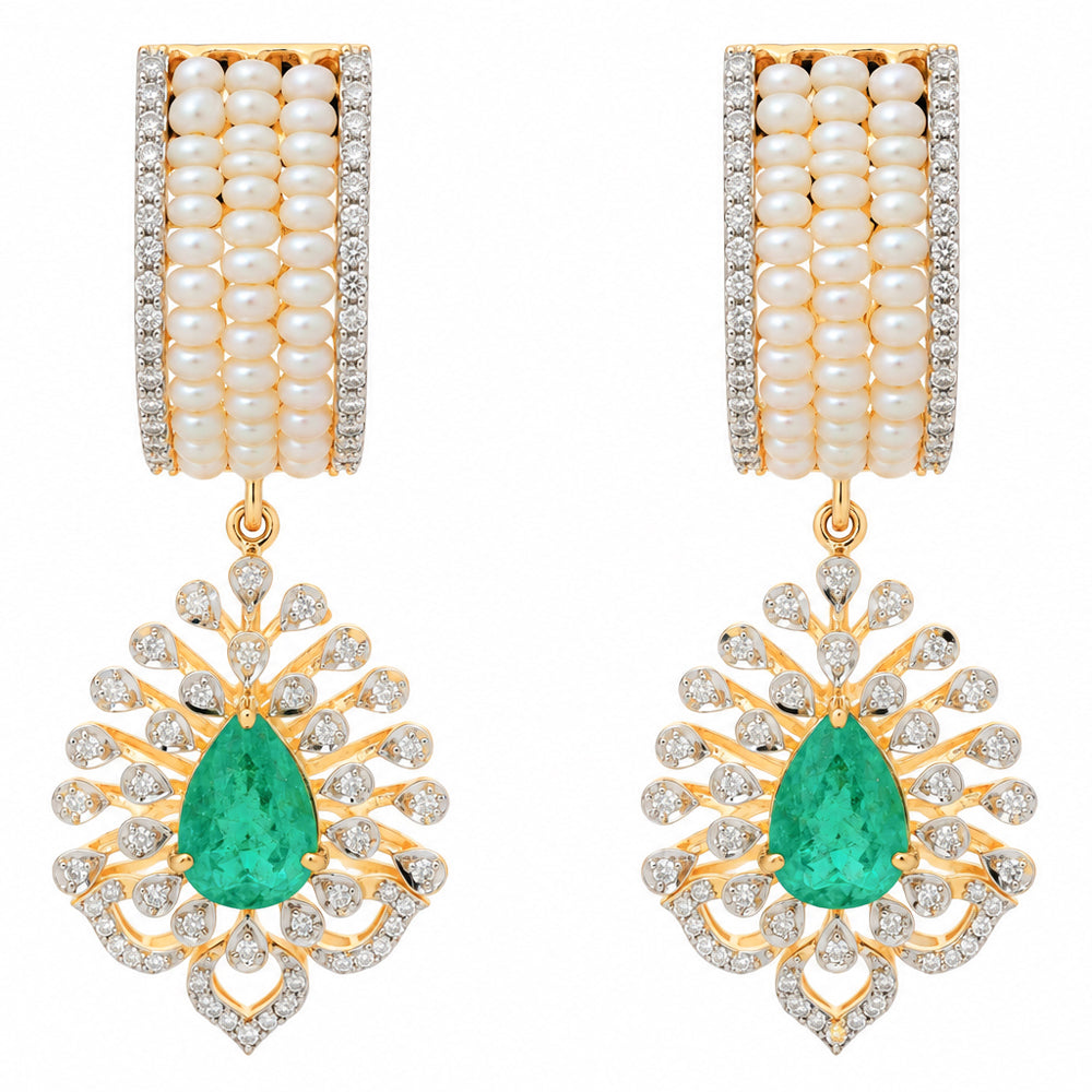 Diamond Necklace Set with Emeralds and Layered Pearls With Earring