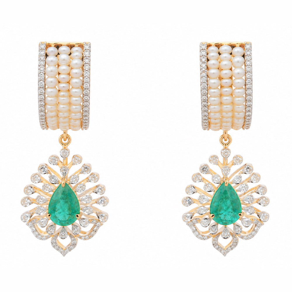 Diamond Necklace Set with Emeralds and Layered Pearls With Earring