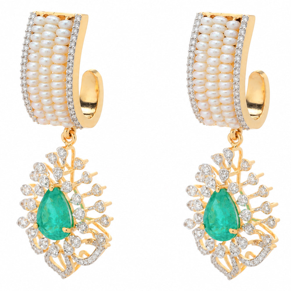 Diamond Necklace Set with Emeralds and Layered Pearls With Earring