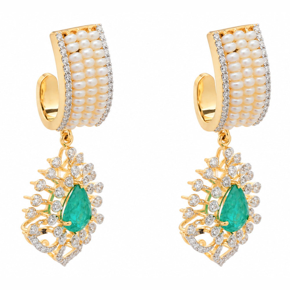 Diamond Necklace Set with Emeralds and Layered Pearls With Earring