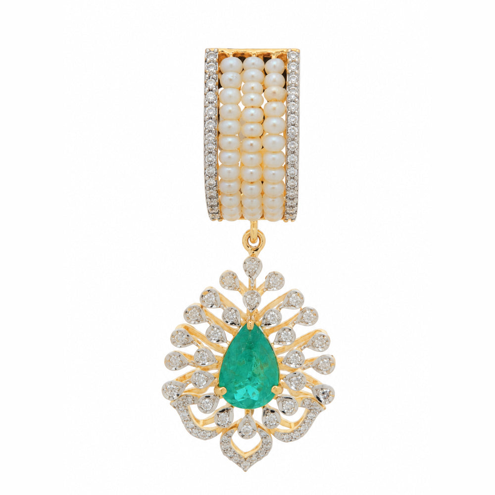 Diamond Necklace Set with Emeralds and Layered Pearls With Earring