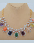 Diamond Necklace Set with Multicolour Gemstones and Pearls