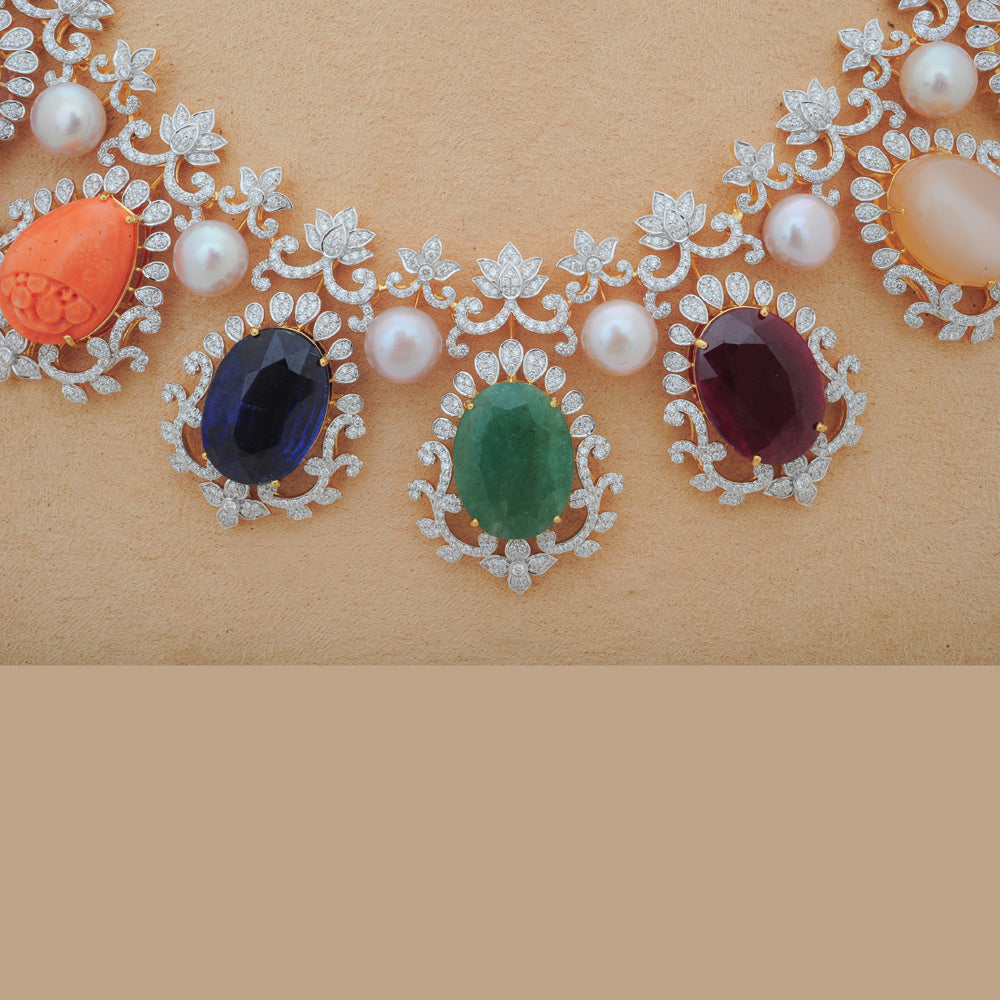 Diamond Necklace Set with Multicolour Gemstones and Pearls