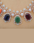 Diamond Necklace Set with Multicolour Gemstones and Pearls