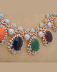 Diamond Necklace Set with Multicolour Gemstones and Pearls