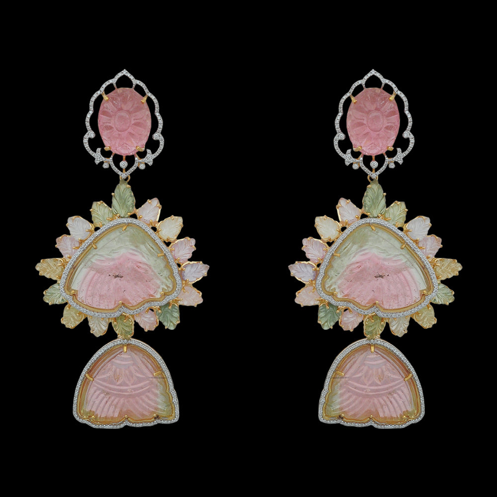 Diamond Earrings with Natural Carved Tourmaline and Sapphires
