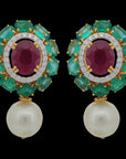 Diamond Earrings with Natural Rubies, Emeralds and Pearl Drops