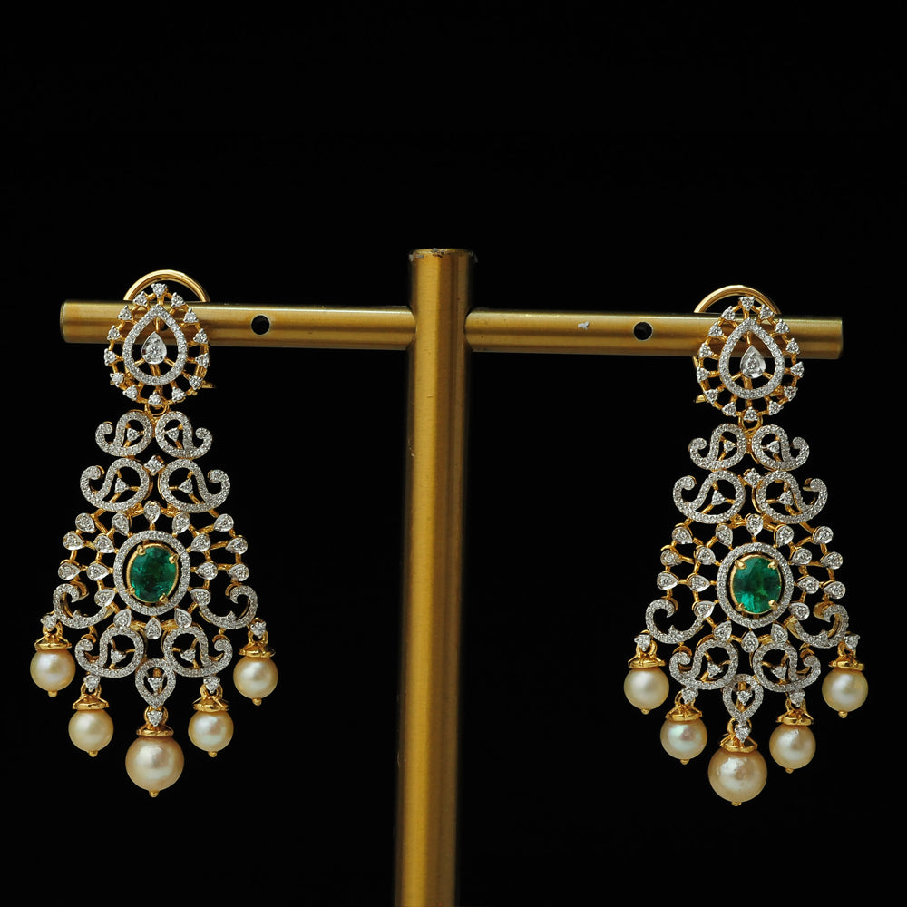 Diamond Earrings changeable with changeble Natural Emeralds/Rubies and Pearl drops