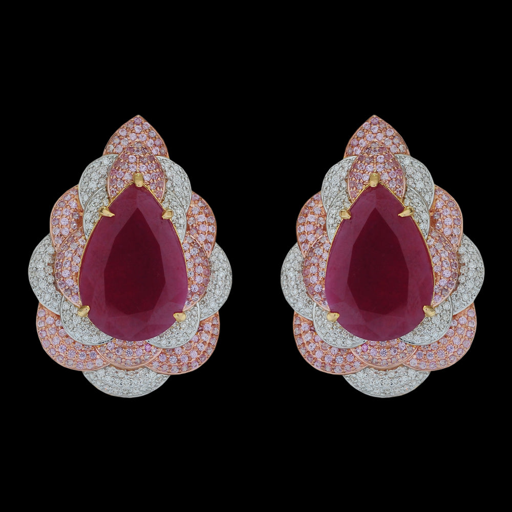 Pearl shaped Diamond Studs with Natural Rubies and Sapphires