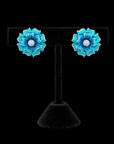 Diamond Flower Earrings with Layered Hand-Painted Blue Enamel Petals