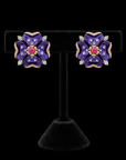 Diamond Floral Earrings with Hand-Painted Purple Enamel Petals