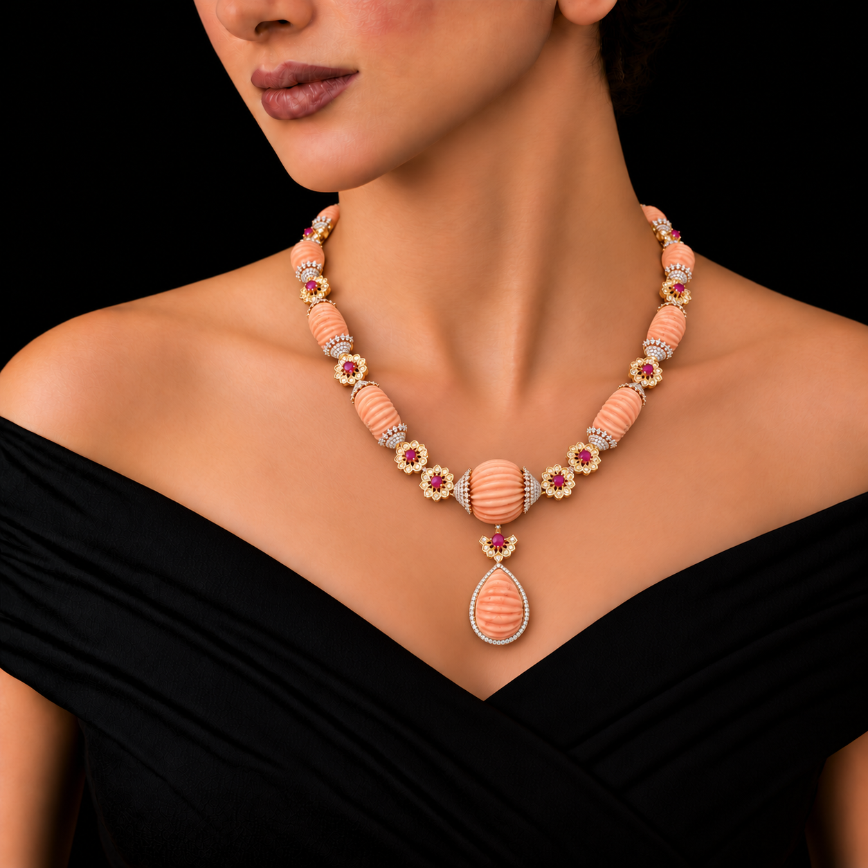 Coral Ruby/Sapphire and Diamond Necklace With Detachable Pendant