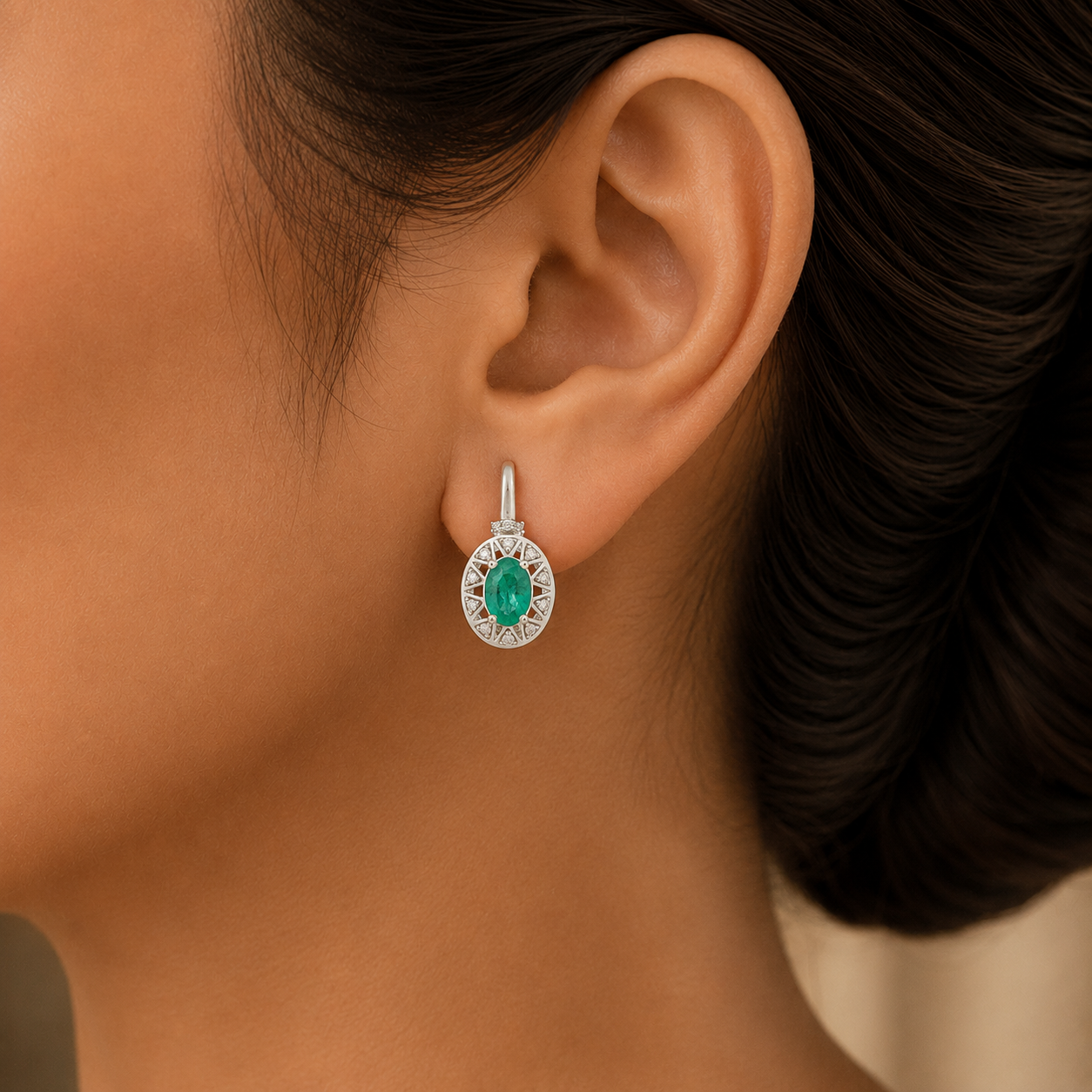 Natural Carved Emerald and Diamond Earrings