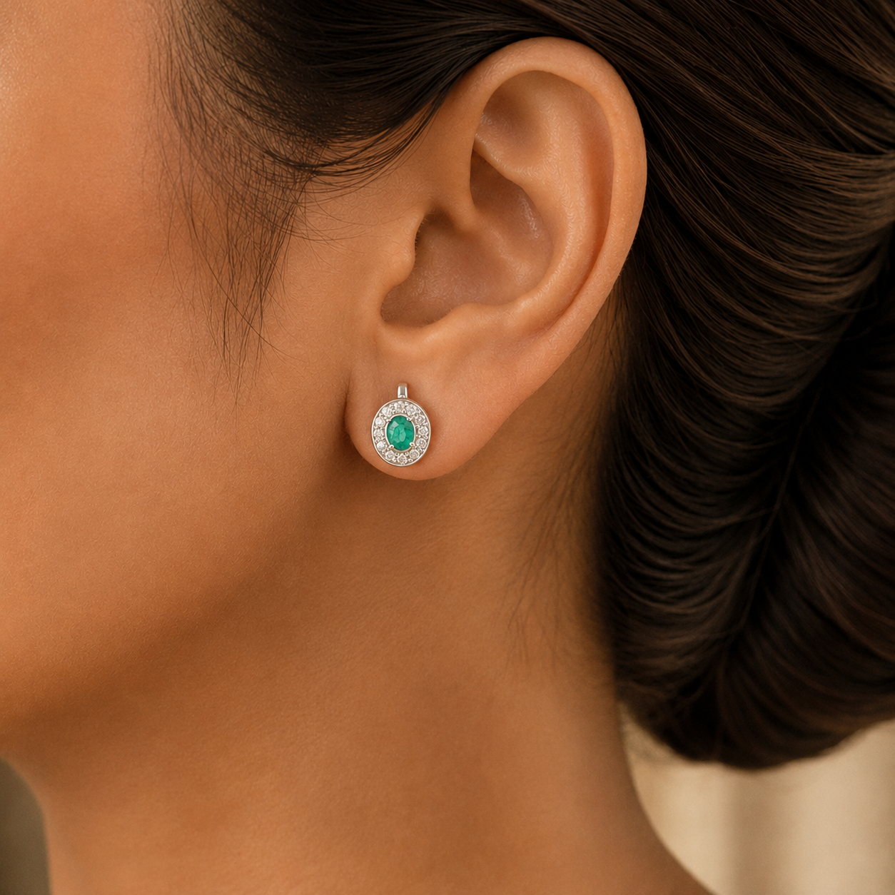 Diamond Studs with Natural Emerald
