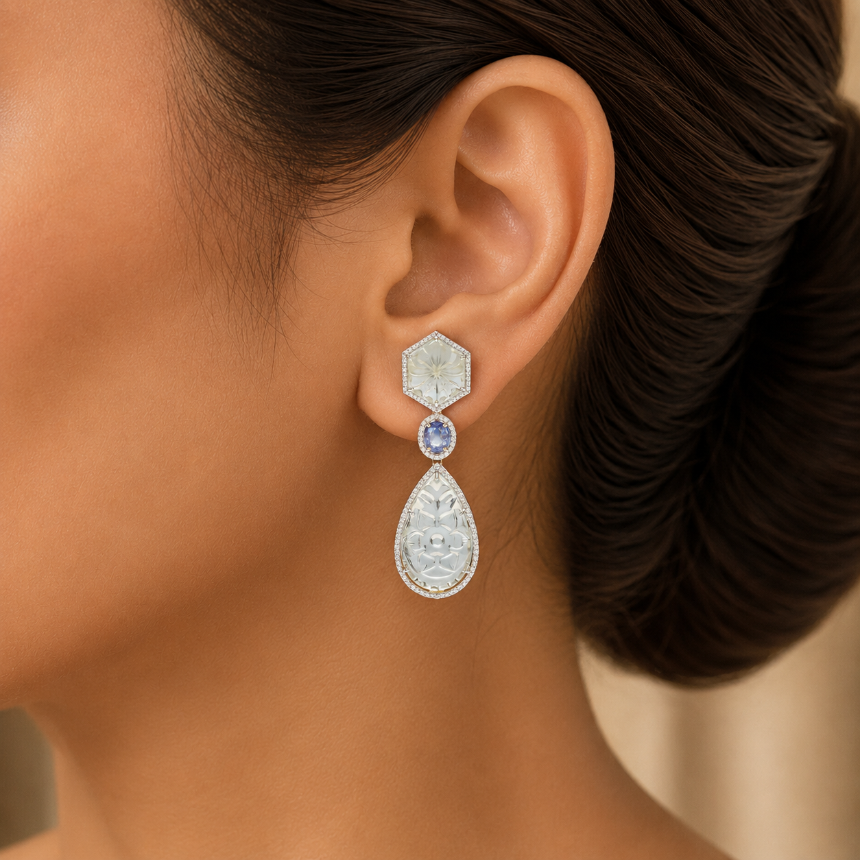 Natural Carved Aquamarine, Blue Sapphire and Diamond Earrings