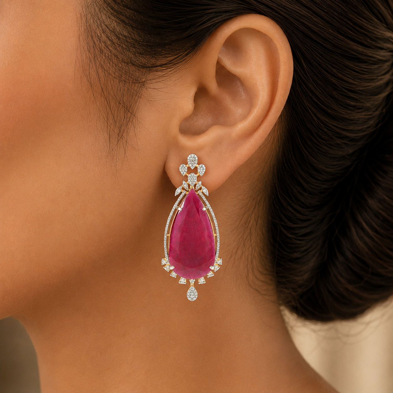 Natural Carved Ruby and Diamond Earrings
