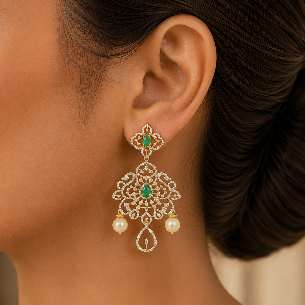 Diamond Earrings with Changeable Natural Emerald/Ruby Gemstone and Changeable Pearl Drops