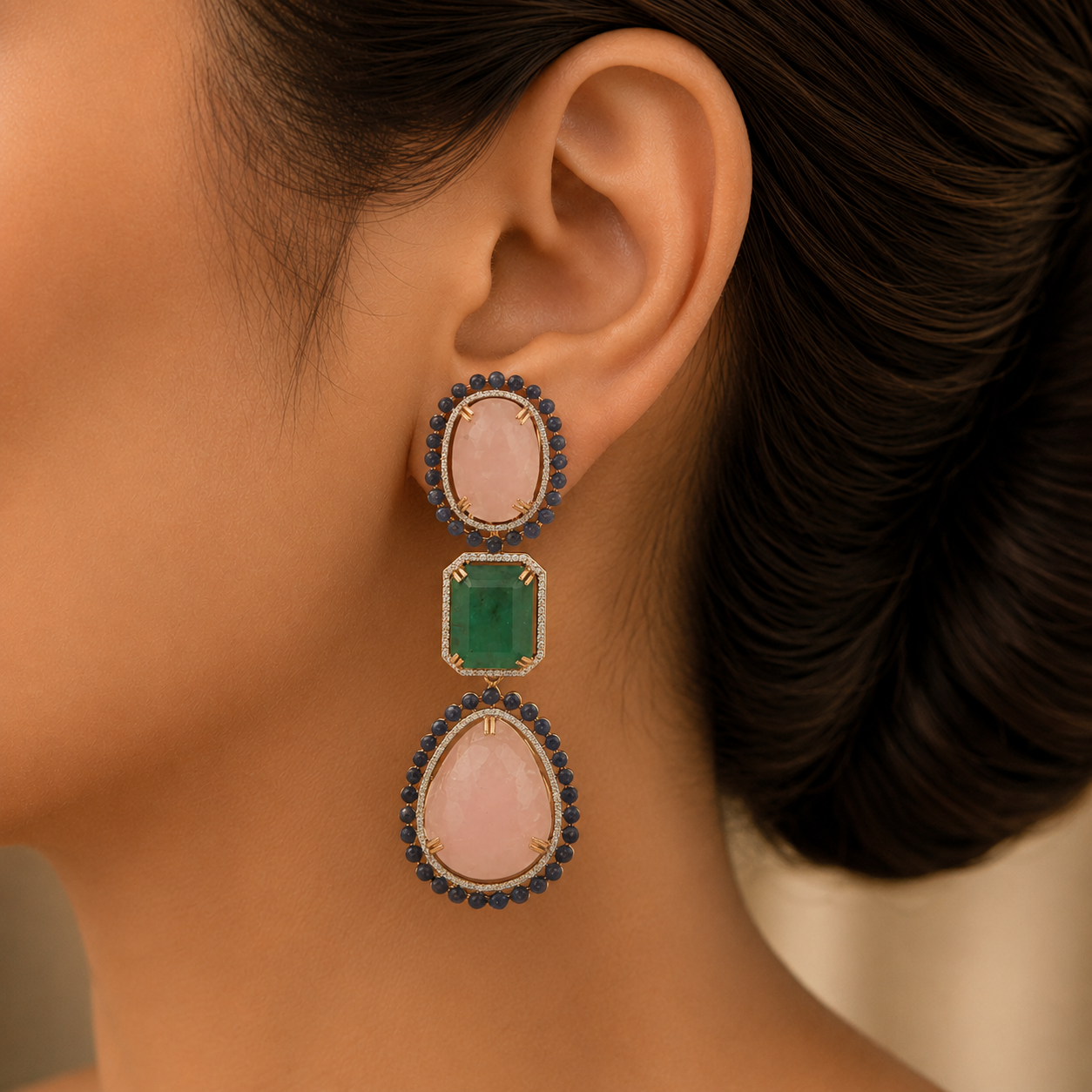 Diamond Earrings with Natural Carved Emerald, Morganite and Sapphire