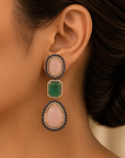 Diamond Earrings with Natural Carved Emerald, Morganite and Sapphire
