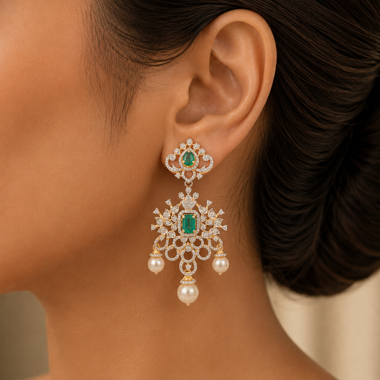 Diamond Earrings with Natural Emerald/Ruby and Pearl Drops
