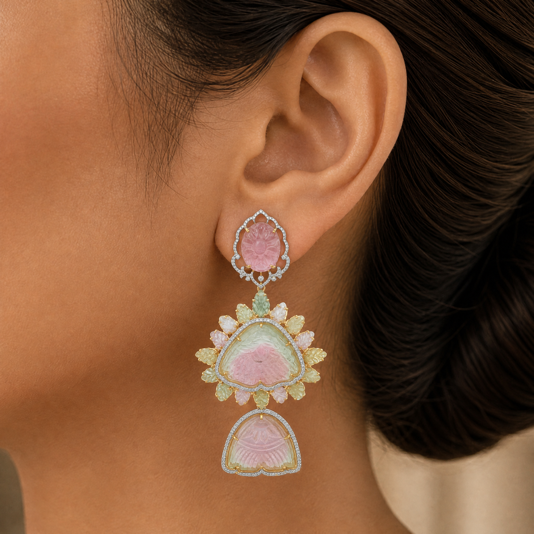 Diamond Earrings with Natural Carved Tourmaline and Sapphires