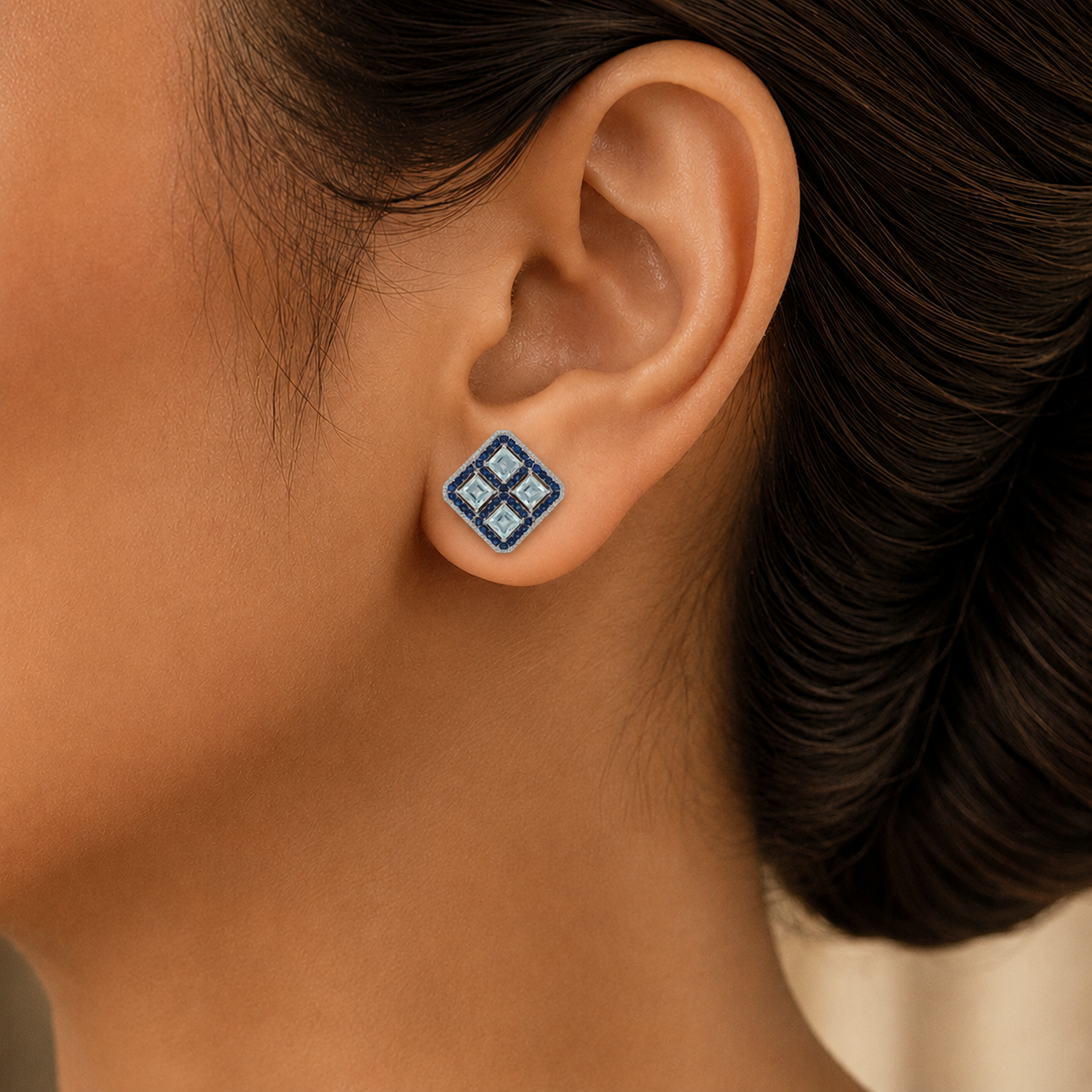 Diamond Studs with Natural Aquamarine and Blue Sapphires