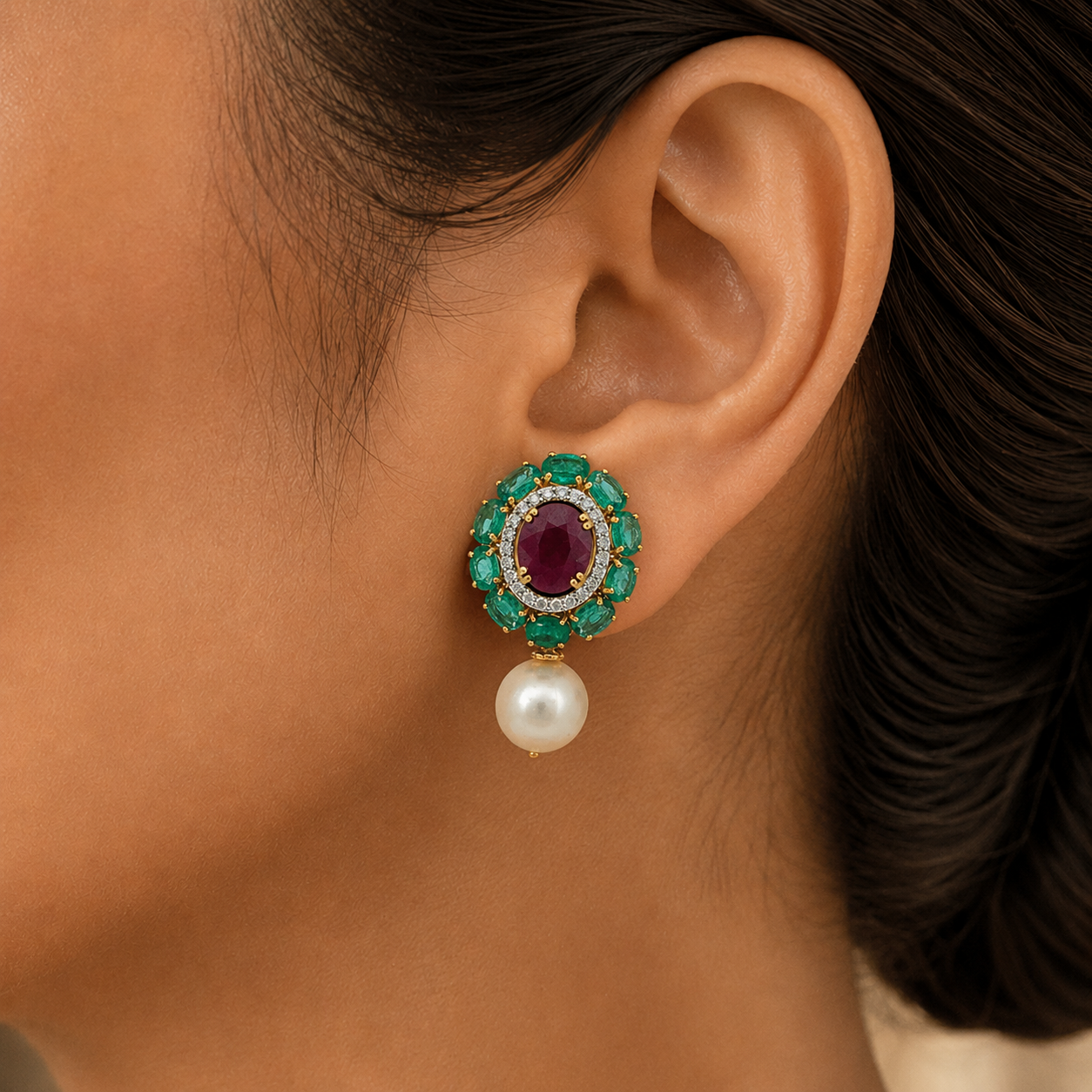 Diamond Earrings with Natural Rubies, Emeralds and Pearl Drops
