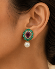 Diamond Earrings with Natural Rubies, Emeralds and Pearl Drops