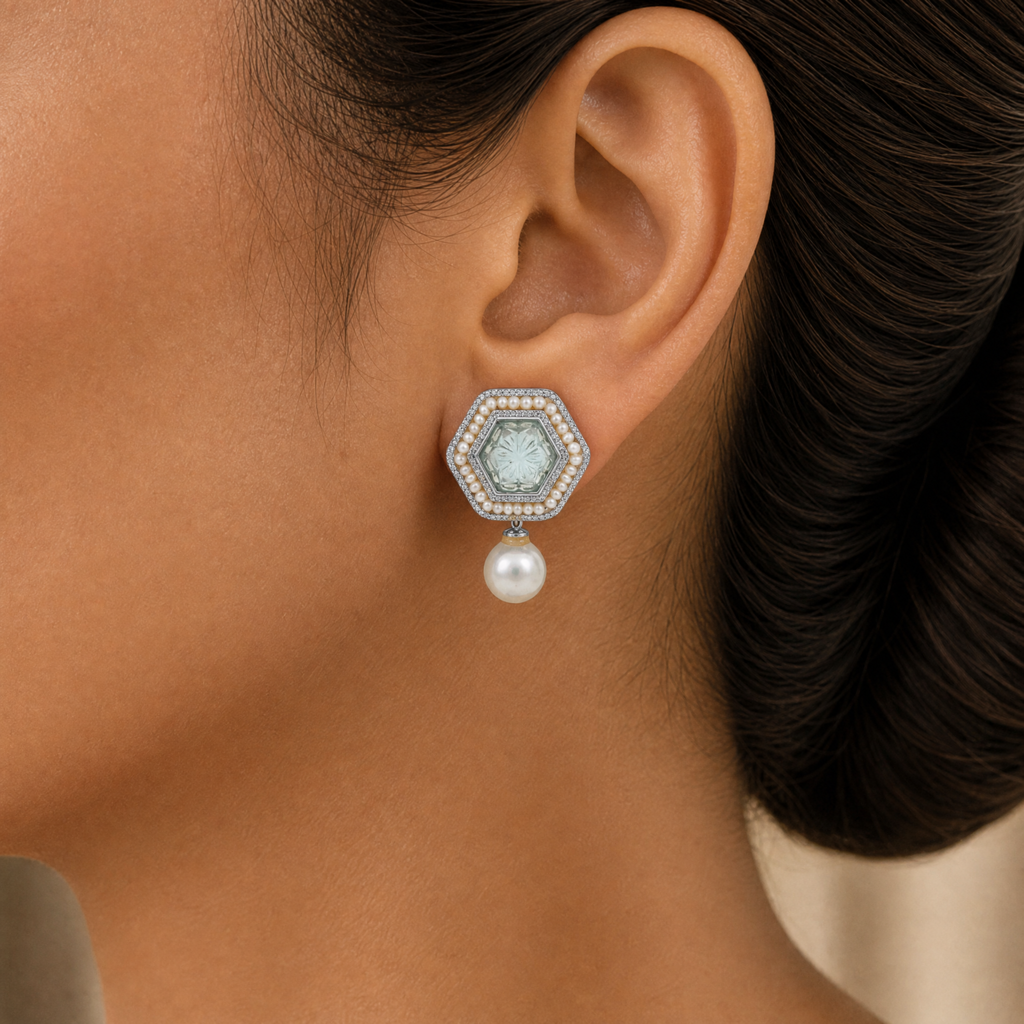 Designer Diamond Earrings with Natural Aquamarine and Pearl Drops