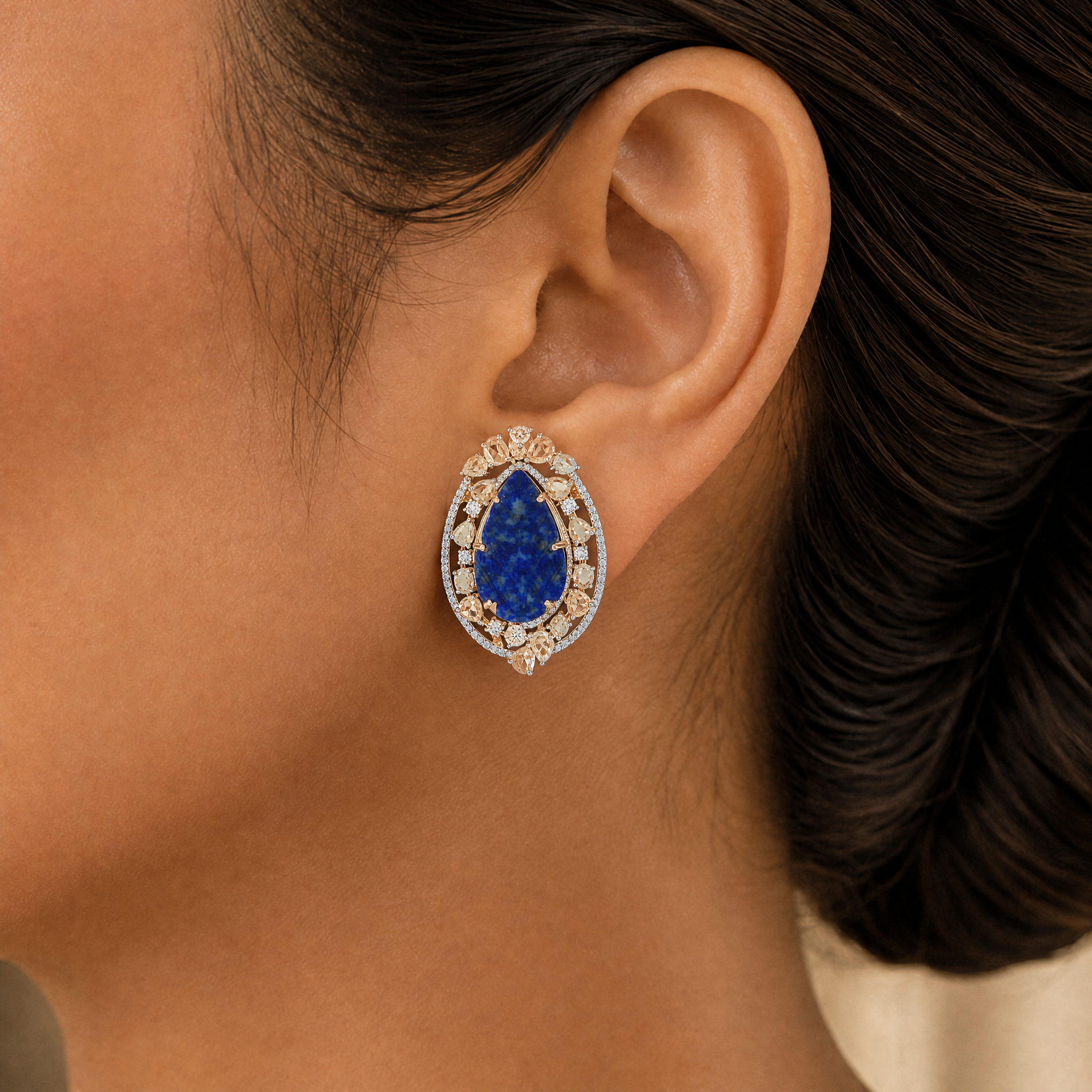 Designer Diamond Studs with Natural Blue Sapphire and Lapis
