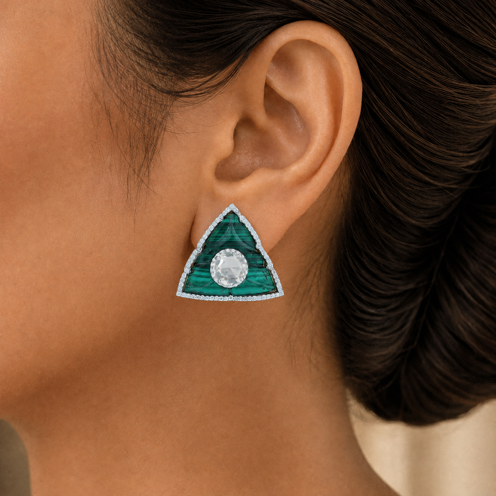 Triangle Shape Diamond Studs with Natural Malachite