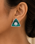 Triangle Shape Diamond Studs with Natural Malachite