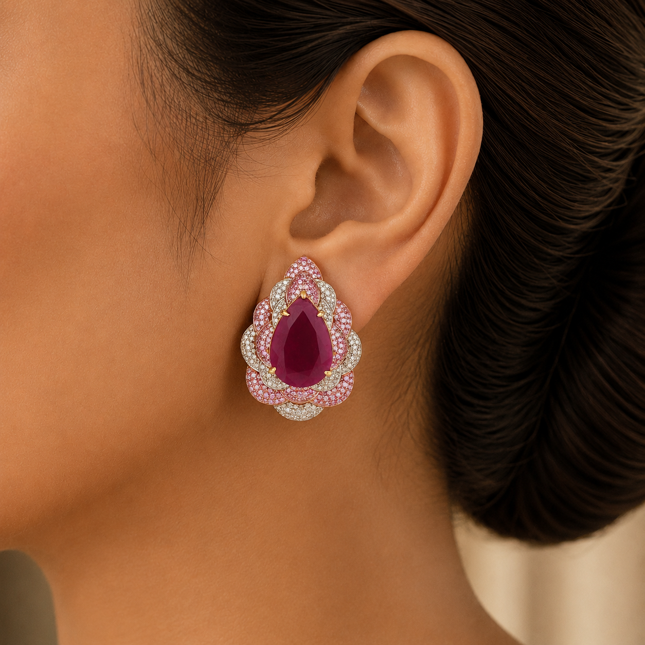 Pearl shaped Diamond Studs with Natural Rubies and Sapphires