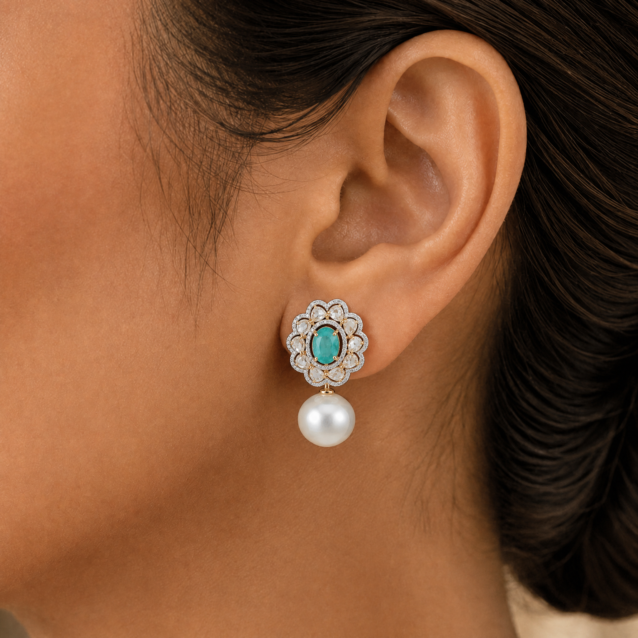 Designer Diamond Earrings with Natural Emeralds, Sapphires and Pearl Drops