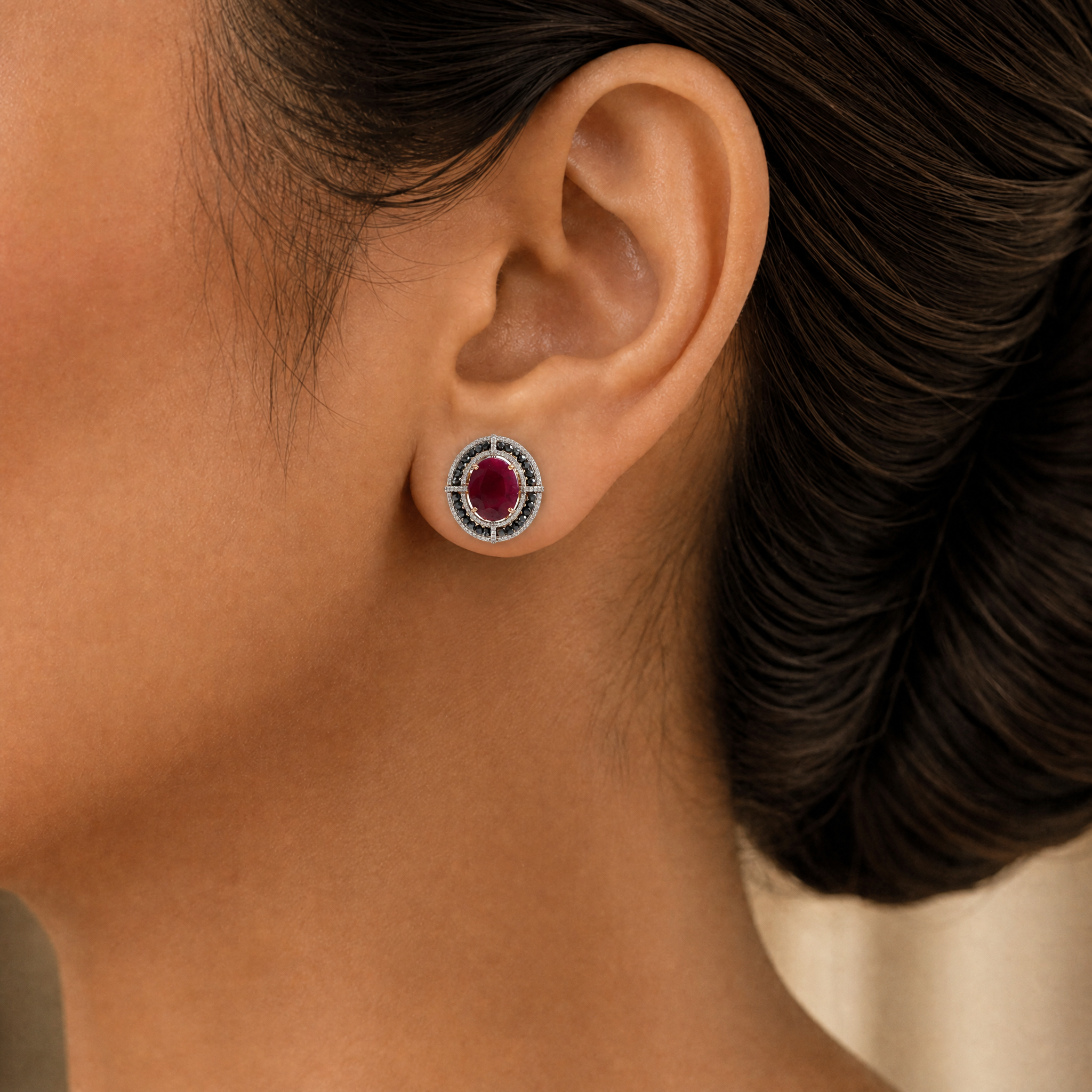 Diamond Studs with Natural Rubies and Black Diamonds