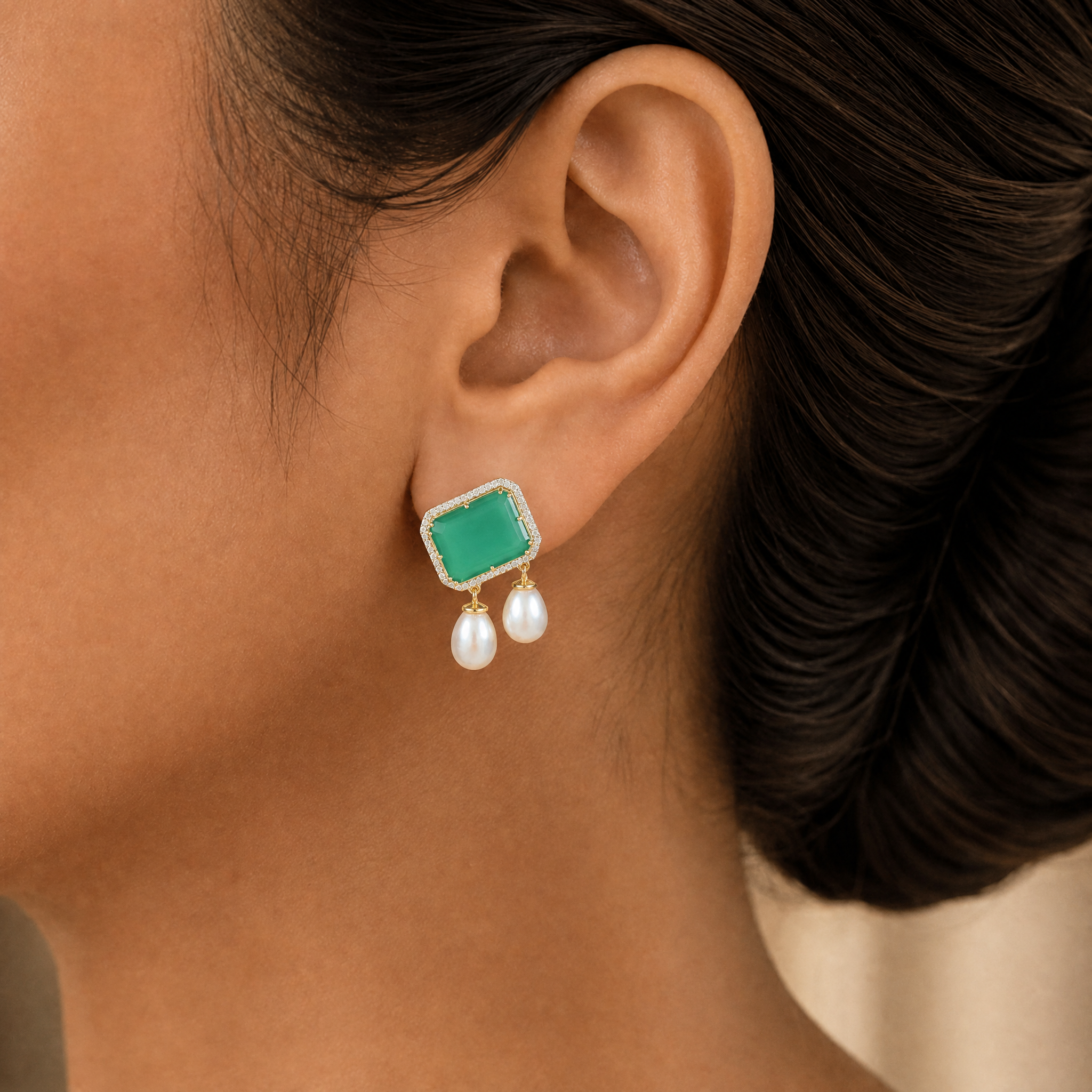 Diamond Earrings with Natural Emeralds and Pearl Drops