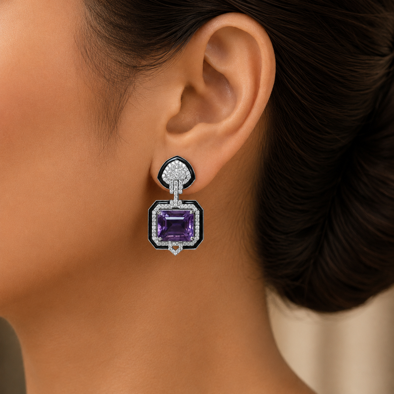 Cocktail Diamond Earrings with Natural Amethyst