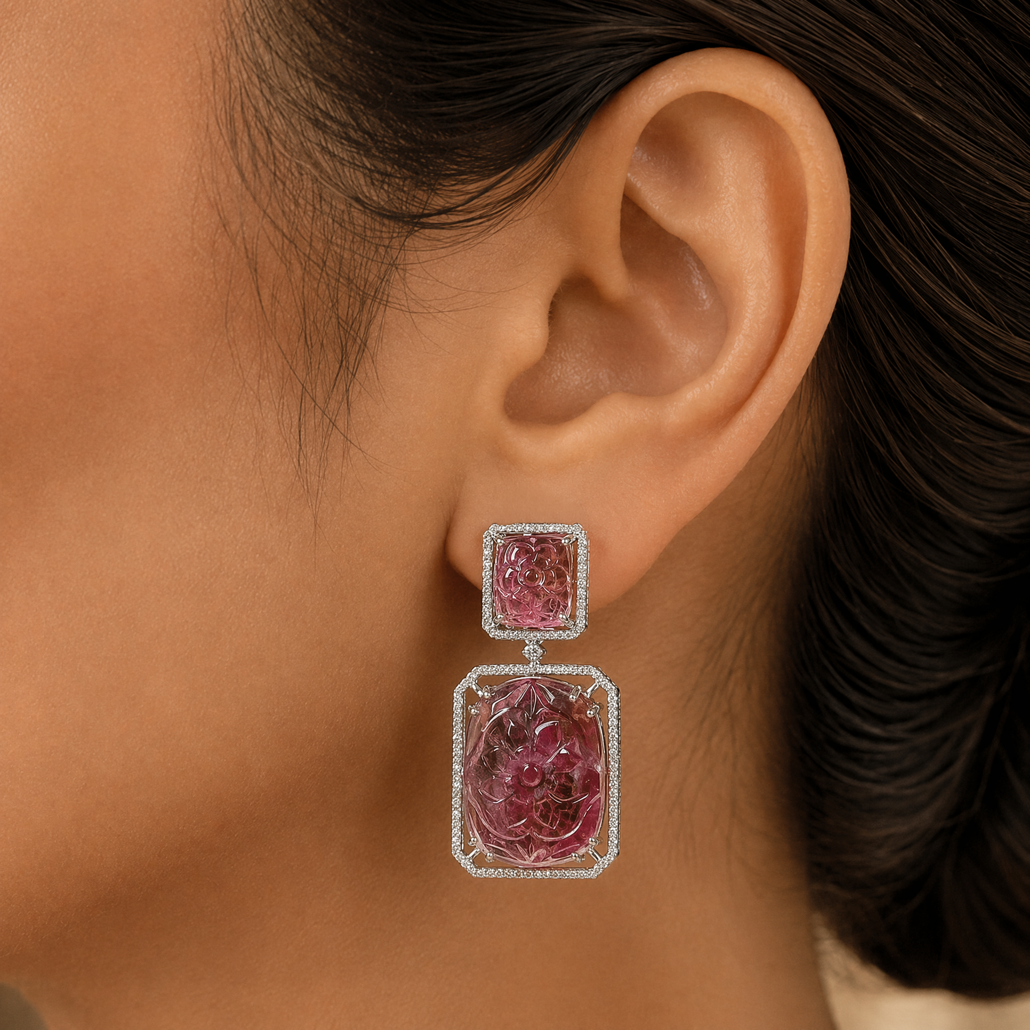Diamond Earrings with Natural Pink Tourmaline
