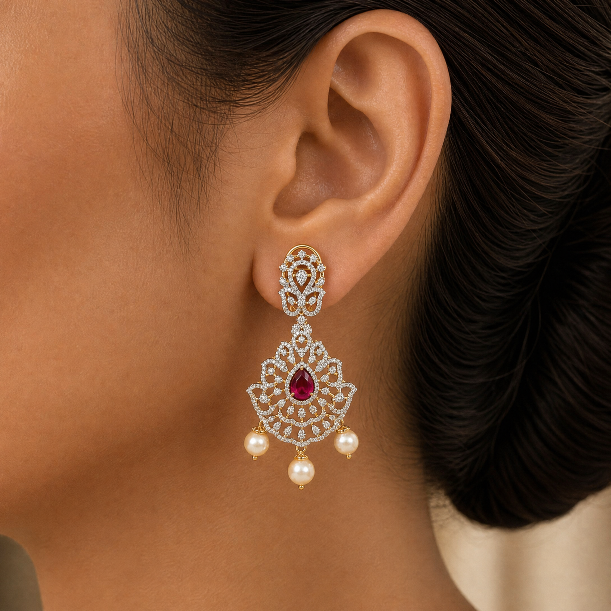 Diamond Earrings with changeable Natural Emeralds/Rubies and Pearl Drops