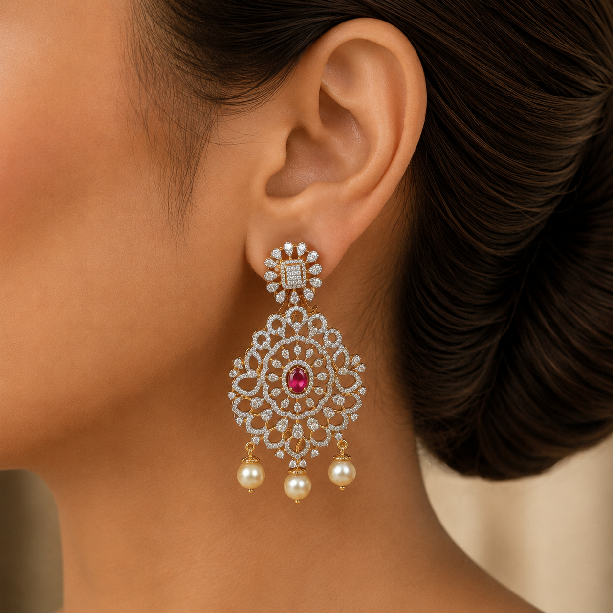 2-in-1 Diamond Earrings with changeable Natural Emeralds/Rubies and Pearl Drops