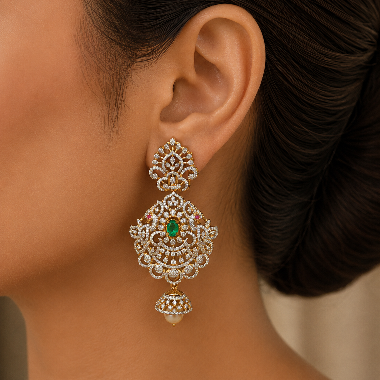 2-in-1 Diamond Earrings with with changebale Natural Emeralds/Rubies and Pearl Drops