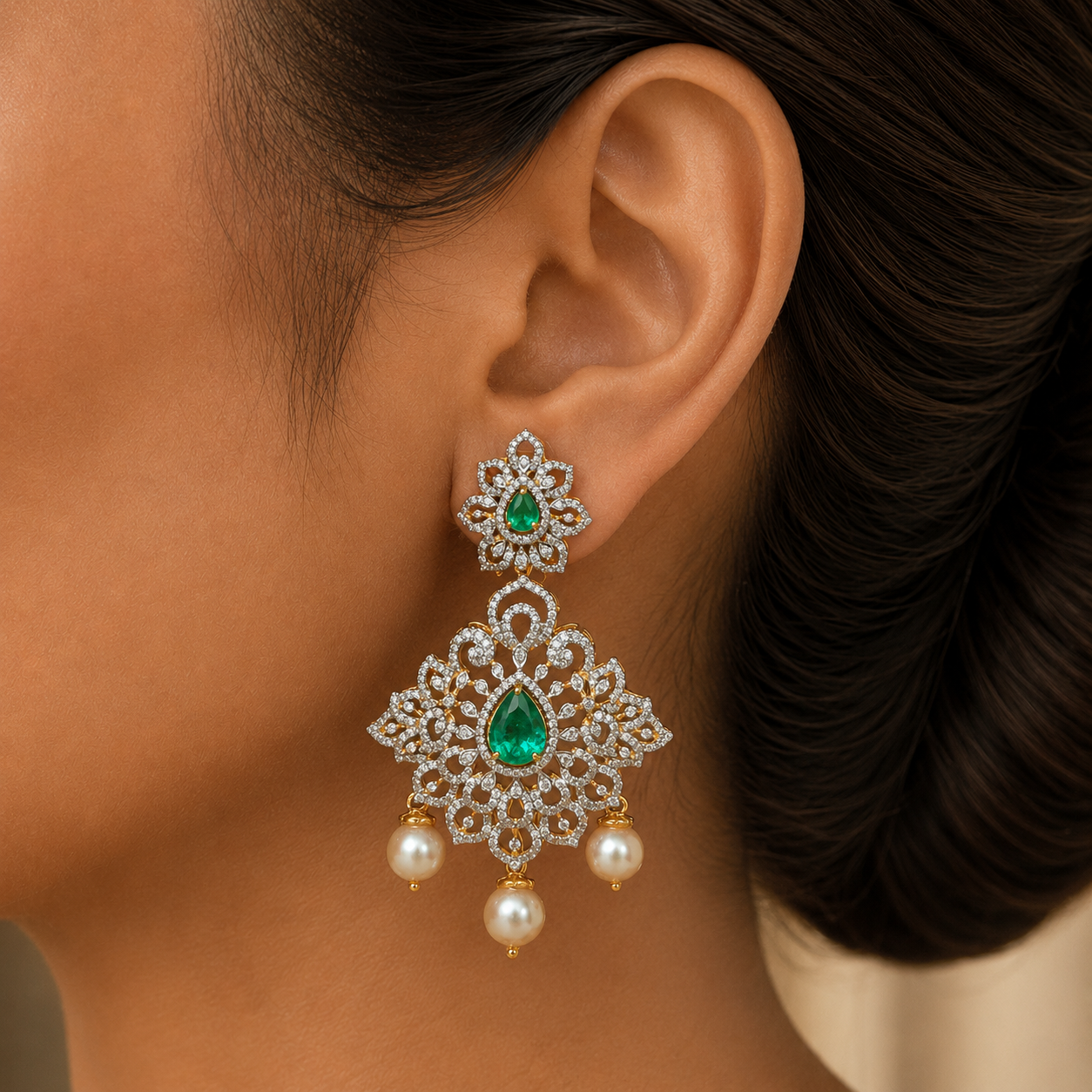 2-in-1 Diamond Earrings with changebale Natural Emeralds/Rubies and Pearl Drops