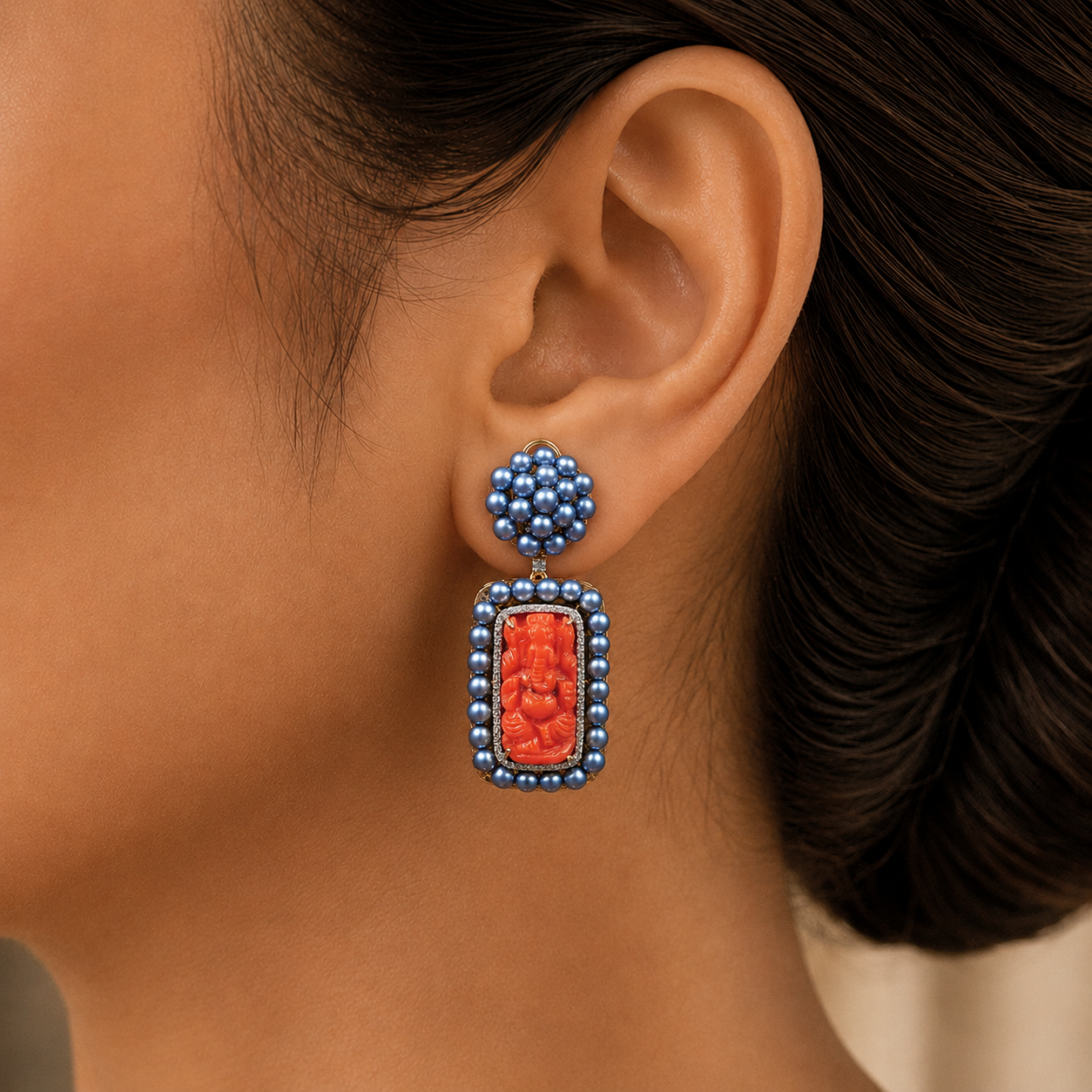 Diamond Earrings with Natural Corals and Pearls.