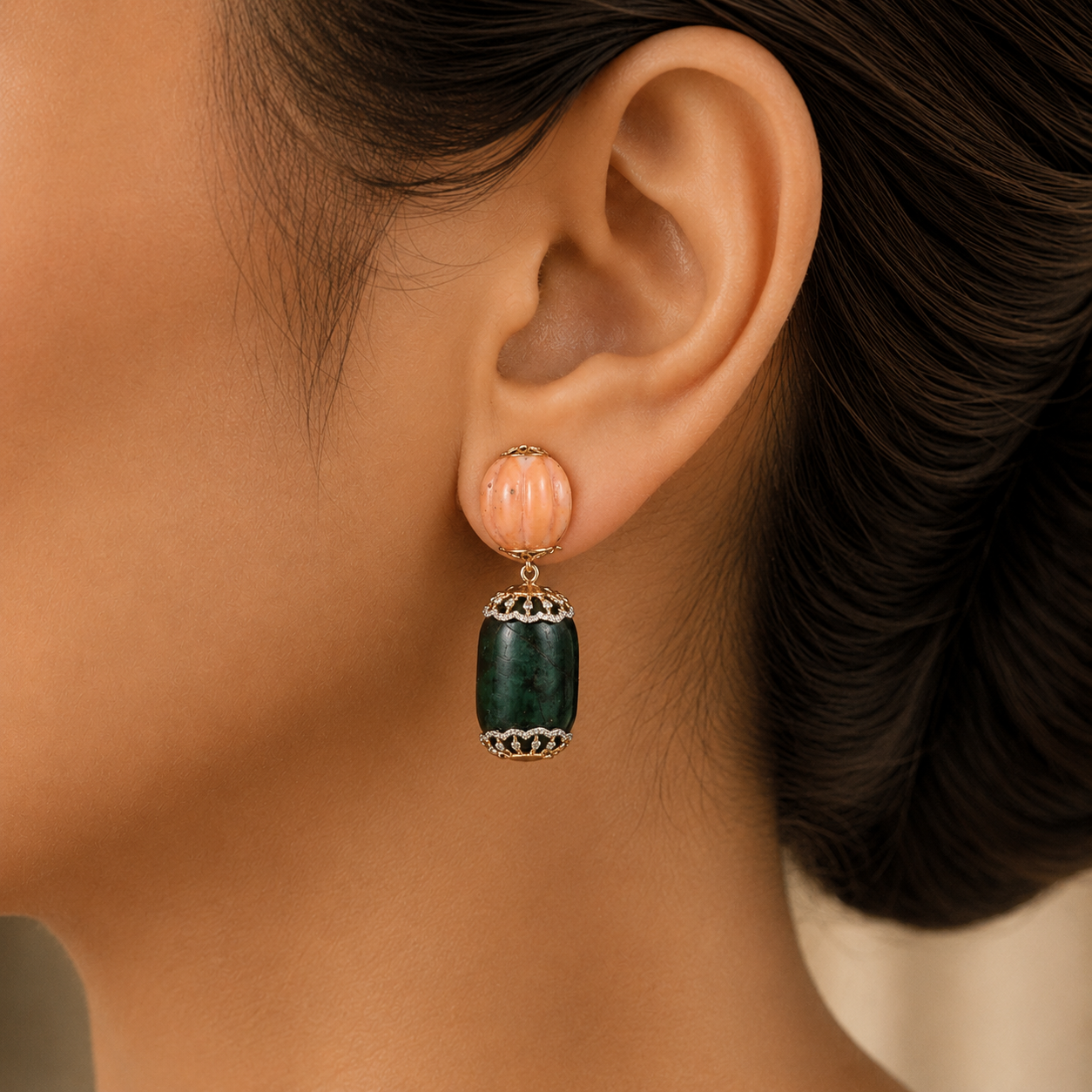 Diamond Earrings with Natural Emeralds and Corals.