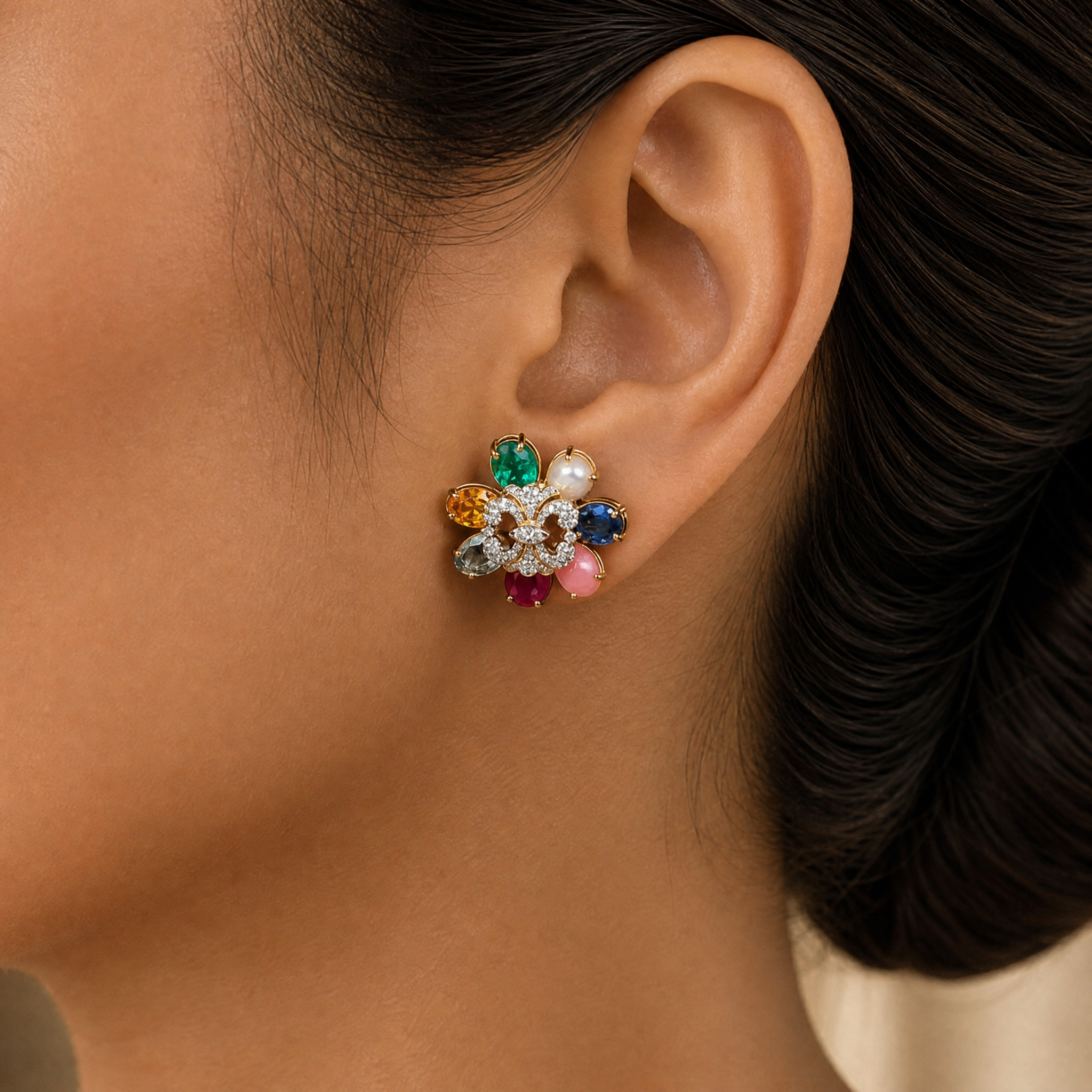 Diamond Studs with Natural Emeralds, Rubies, Blue Sapphires, Yellow Sapphires, Aquamarine, Corals and Pearls